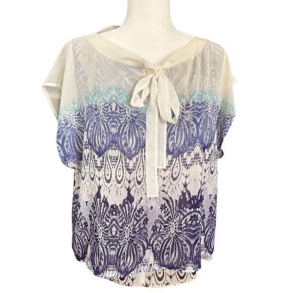 CAbi Blouse Medium Geo Moroccan Blue Print Tie Neck Flowy Layered Shell Top - Picture 1 of 14